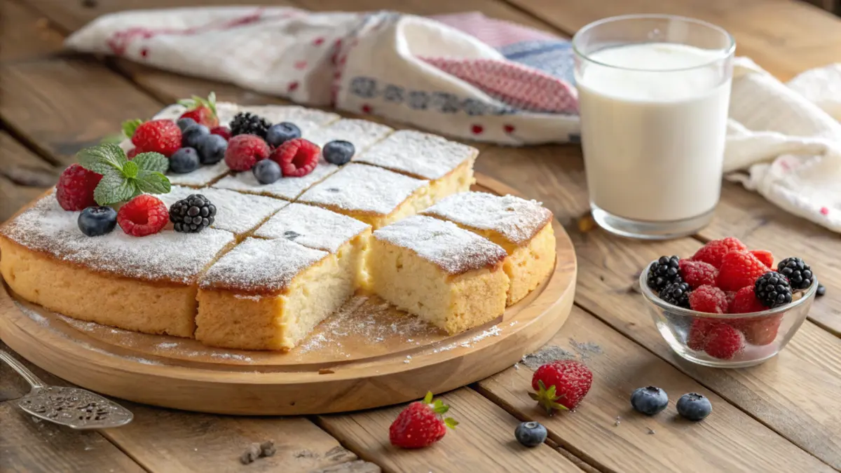 A freshly baked kefir sheet cake on a rustic wooden table, topped with powdered sugar and fresh berries, with a glass of kefir beside it