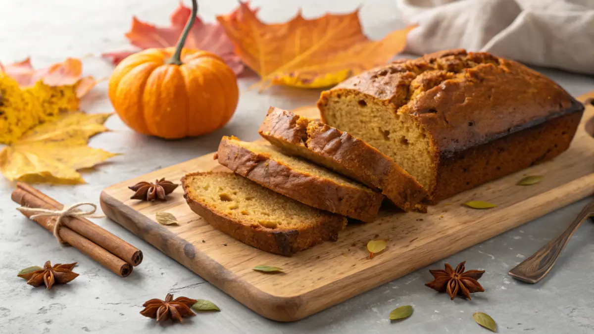 A warm and inviting image of a sliced pumpkin banana loaf, surrounded by autumn leaves, cinnamon sticks, and cloves, evoking a cozy fall atmosphere