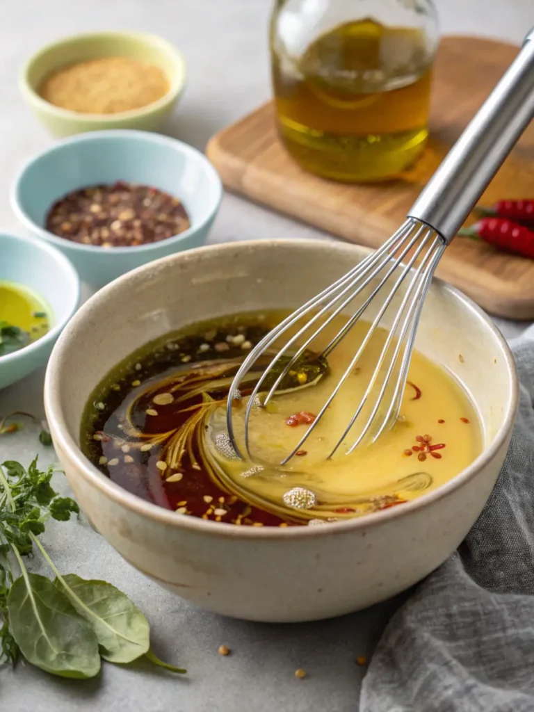 Vinaigrette ingredients being mixed in a bowl.