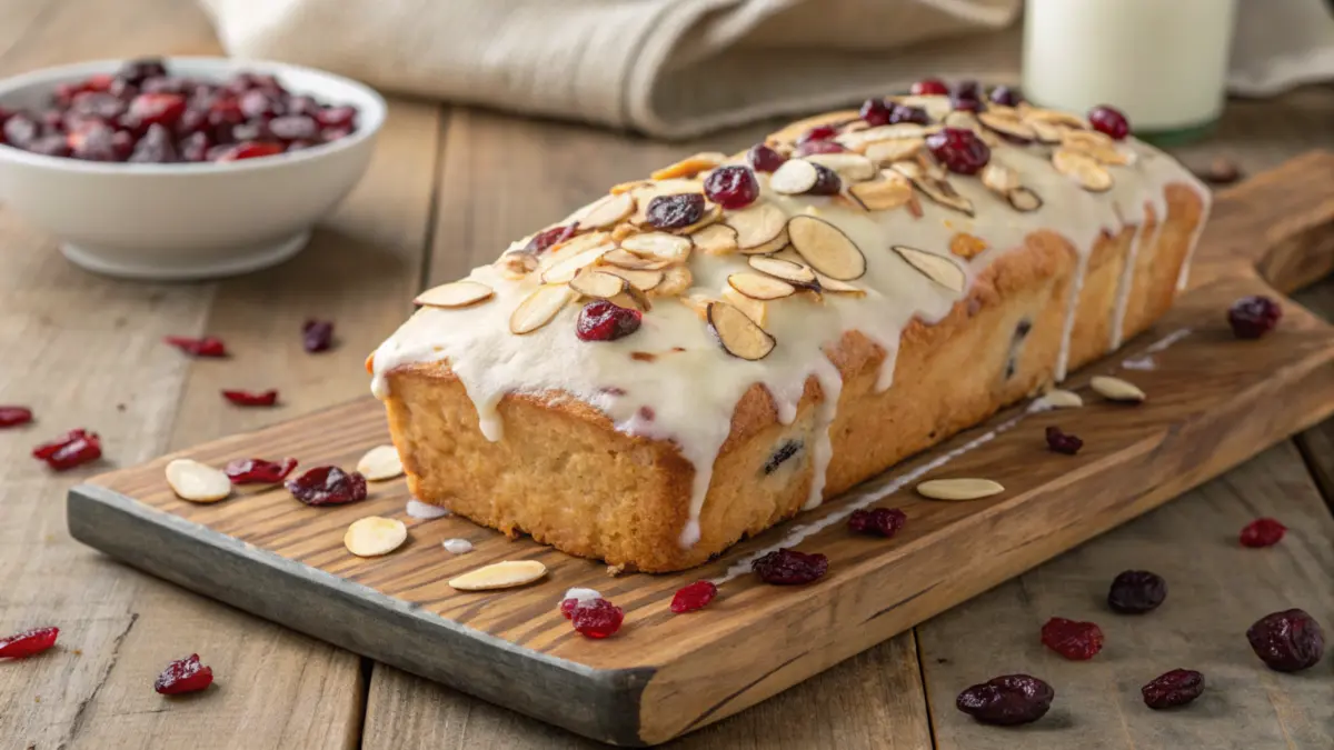 A freshly baked almond cranberry loaf topped with a glossy white chocolate glaze, garnished with dried cranberries and almond slices, placed on a rustic wooden table