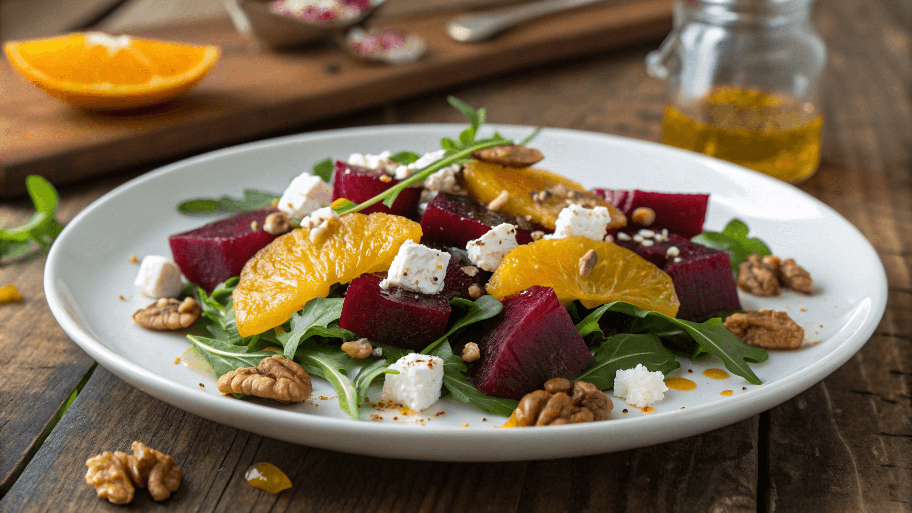 Plated Balthazar Beet Salad with beets, goat cheese, and walnuts