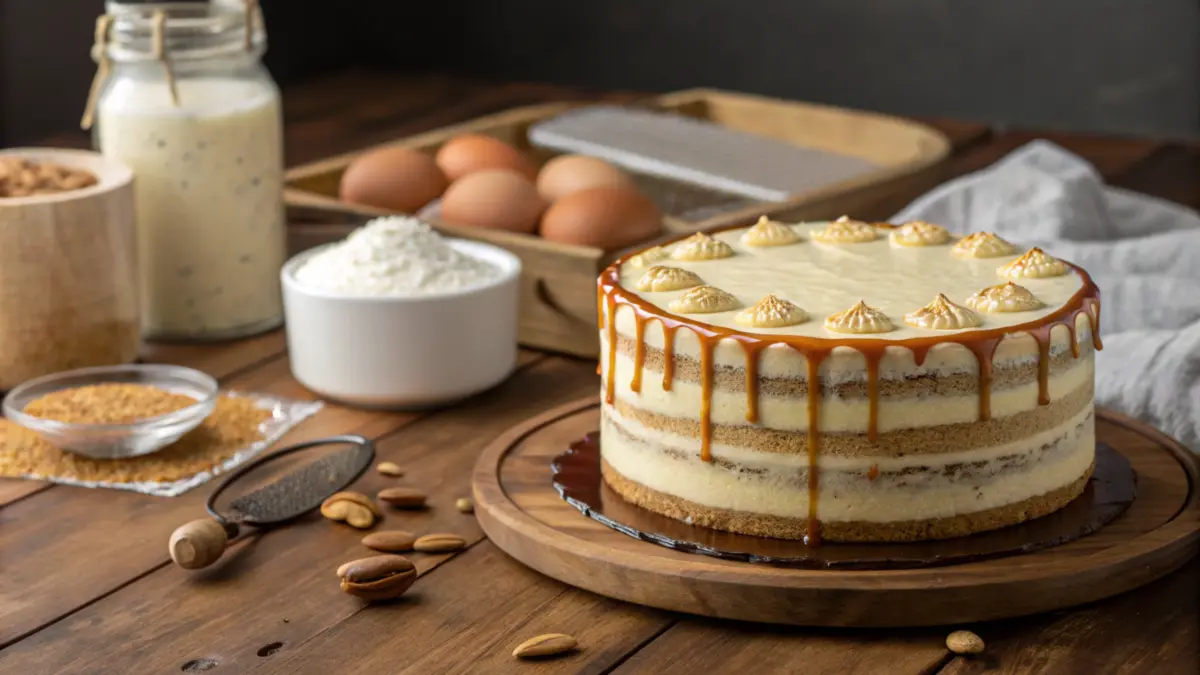 A close-up of a moist, intricately decorated layer cake on a wooden table, with droplets of glycerine glistening and baking ingredients blurred in the background.