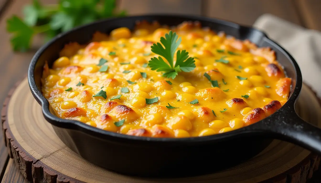 A golden-brown corn casserole in a rustic cast-iron skillet, garnished with fresh parsley, placed on a wooden farmhouse table.