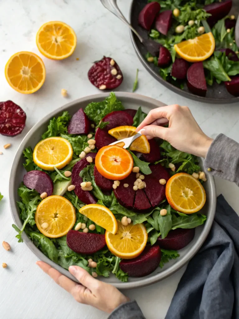 Assembling the Balthazar Beet Salad on a plate.