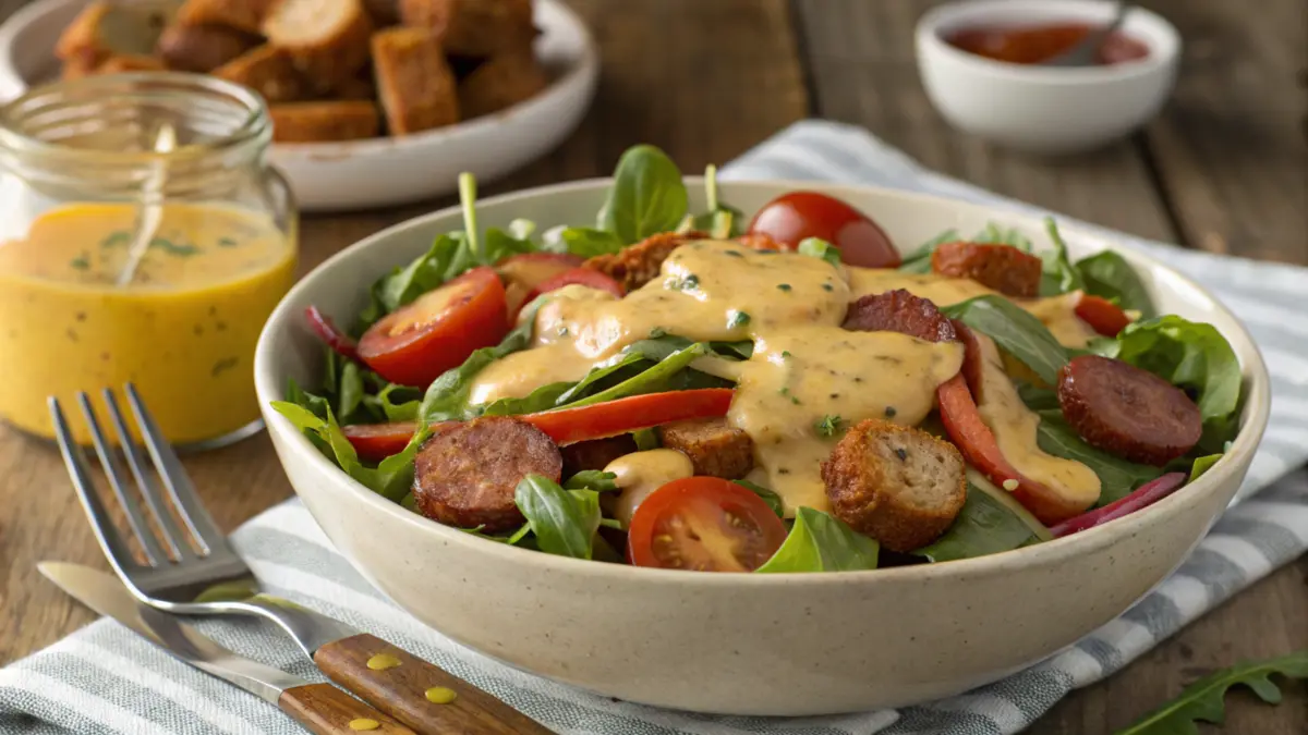 A glass jar filled with New Orleans soaked salad dressing, surrounded by fresh ingredients like olive oil, garlic cloves, lemon, and herbs on a wooden kitchen counter.