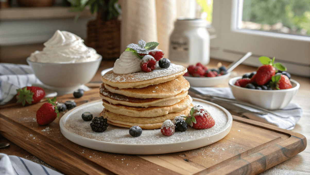 A stack of golden-brown sugarless pancakes topped with fresh berries and a drizzle of natural maple syrup, served on a white plate with a fork and a cozy breakfast setting.