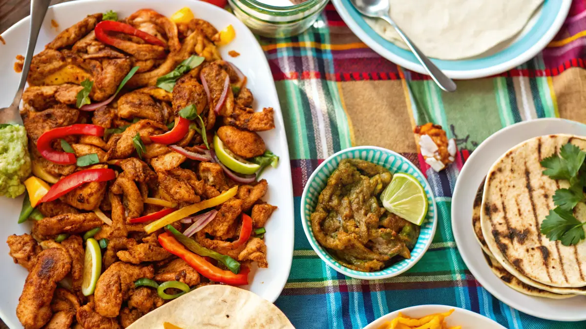 Close-up of sizzling chicken fajitas on a cast iron skillet surrounded by colorful vegetables, tortillas, guacamole, and salsa.