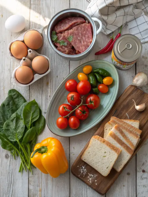 A flat lay of breakfast ingredients, including canned corned beef, eggs, cherry tomatoes, spinach, bell peppers, garlic, and bread on a rustic wooden table
