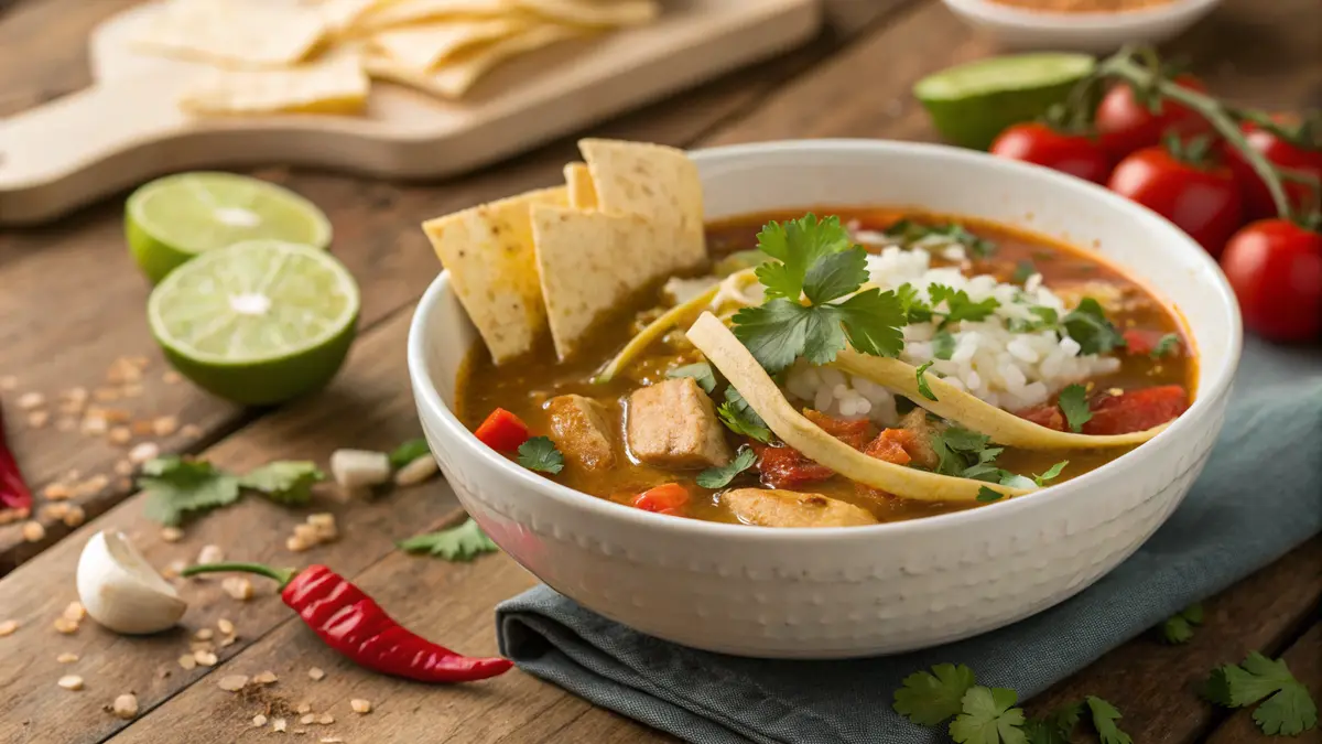 A colorful bowl of spicy chicken soup with rice, topped with fresh cilantro, lime wedges, and crispy tortilla strips, set on a rustic wooden table surrounded by chili flakes, garlic, and bell peppers