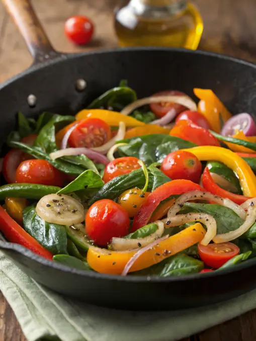 A vibrant mix of sautéed spinach, bell peppers, onions, and cherry tomatoes in a skillet.