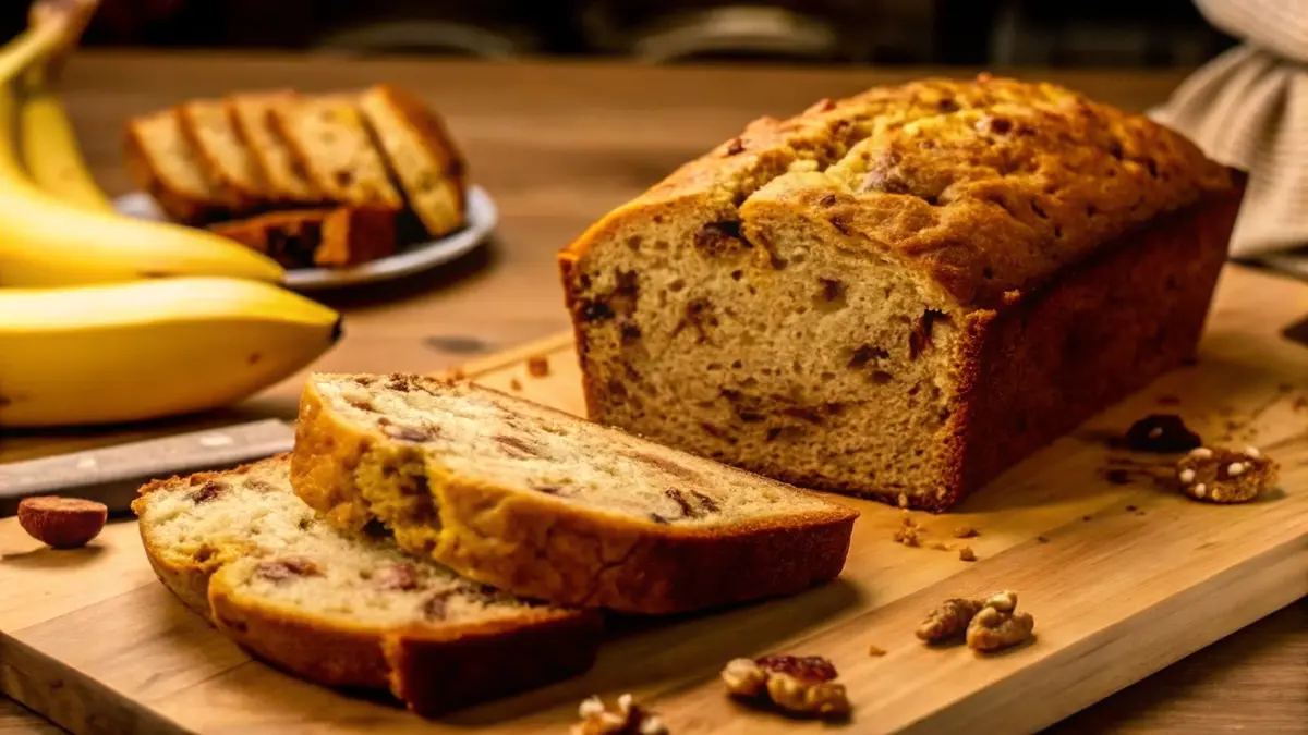 A freshly baked banana bread with chopped nuts, sliced on a wooden cutting board