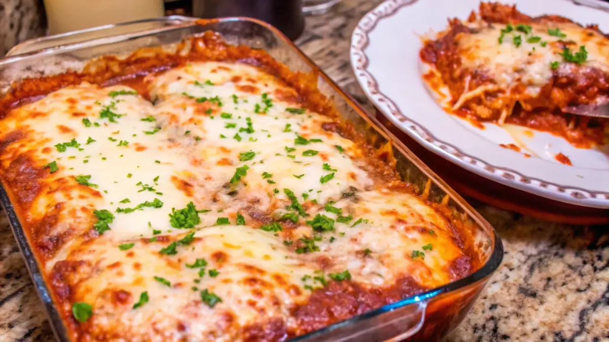 A freshly baked lasagna in a rustic kitchen setting, with melted cheese bubbling on top and garnished with fresh basil leaves.