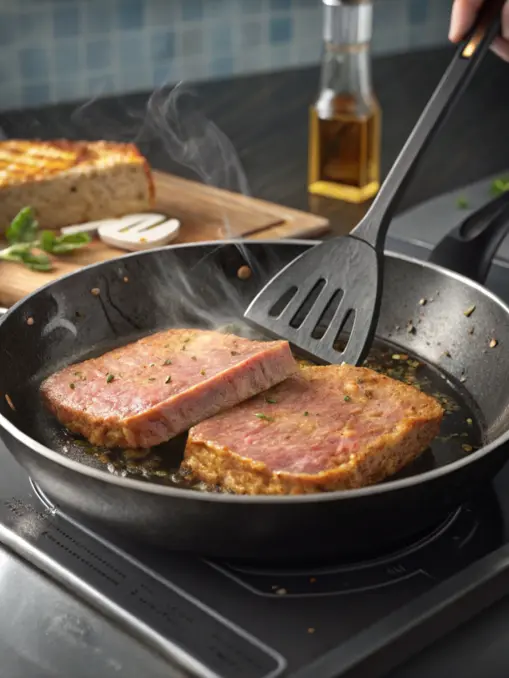 Crispy canned corned beef sizzling in a skillet, stirred with a spatula over a stovetop.