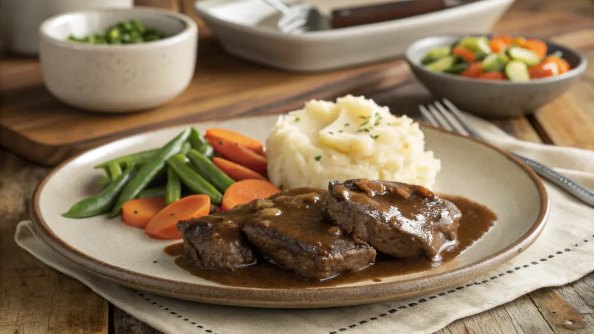 A rustic plate of venison cube steak served with a rich gravy, accompanied by mashed potatoes and steamed vegetables, placed on a wooden table with a cozy, homey ambiance