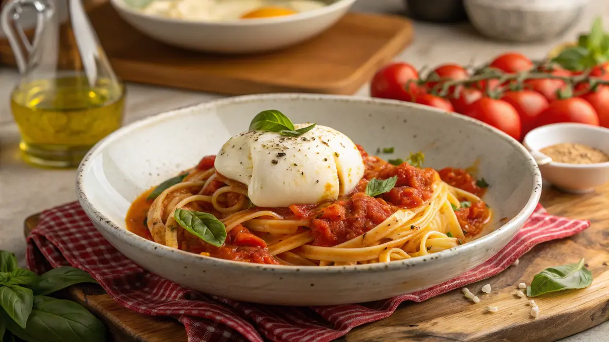 A vibrant bowl of burrata pasta with creamy burrata cheese melting into rich tomato sauce, garnished with fresh basil leaves and a drizzle of olive oil, served on a rustic Italian dining table