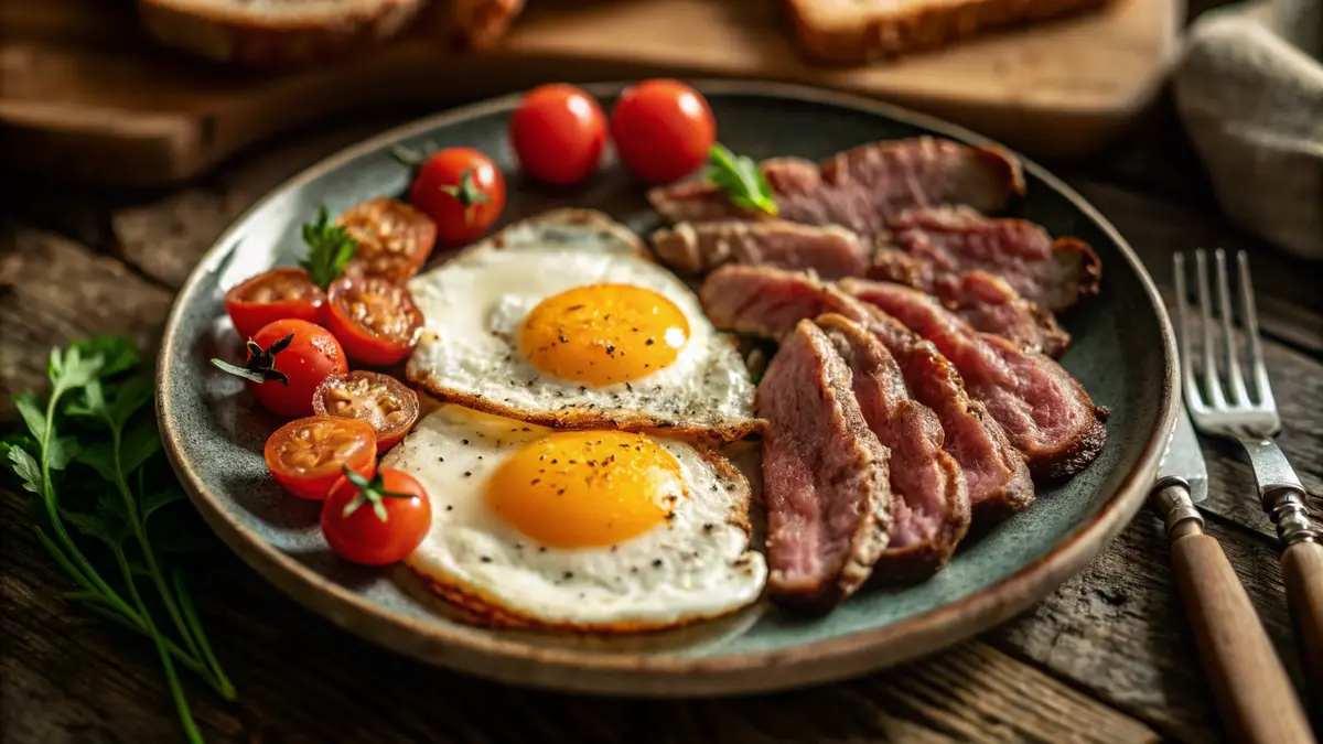 A hearty breakfast plate featuring sliced corned beef, sunny-side-up eggs, roasted cherry tomatoes, and toasted bread, garnished with fresh herbs.