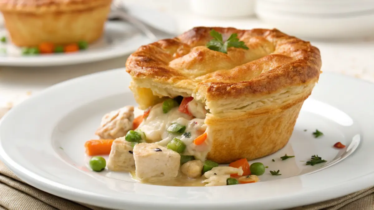 A beautifully plated chicken pot pie in a golden-brown popover with steam rising and colorful vegetables in the creamy filling.