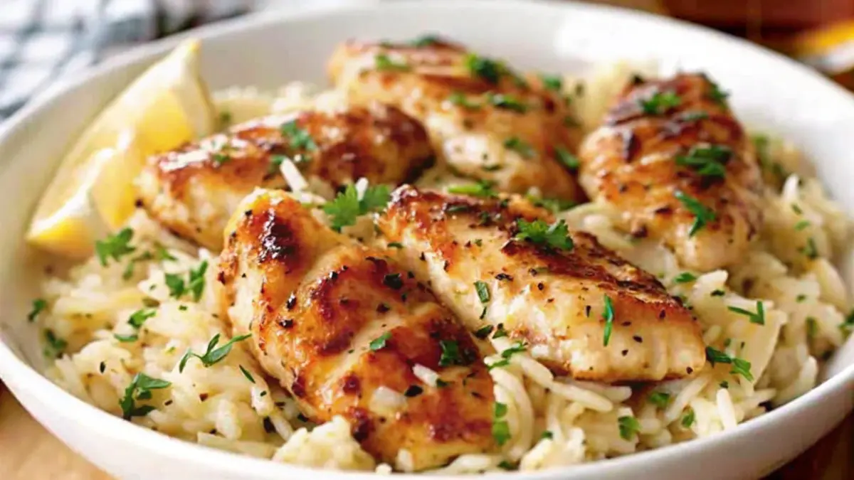 A close-up of a dish featuring fluffy seasoned rice and golden-brown grilled chicken, garnished with fresh herbs and a lemon slice, with a blurred background.