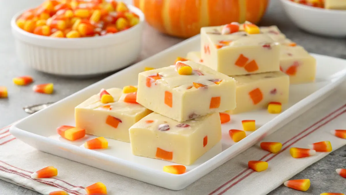 A batch of creamy fudge made with sweetened condensed milk, topped with colorful candy corn pieces, served on a wooden platter