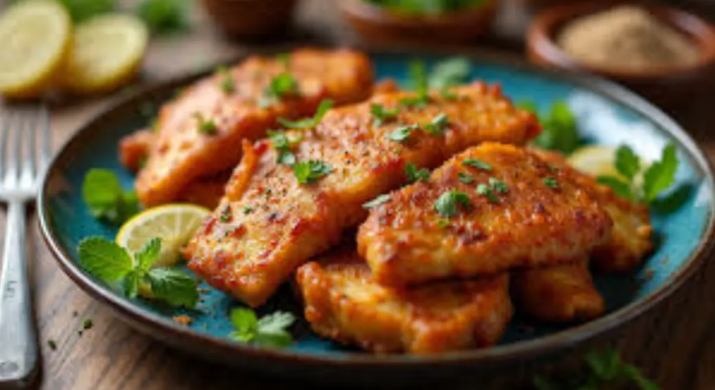 A plate of golden, crispy fish fillets seasoned with herbs and spices, garnished with fresh parsley and lemon slices, set on a rustic wooden table with bowls of seasoning and herbs in the background.