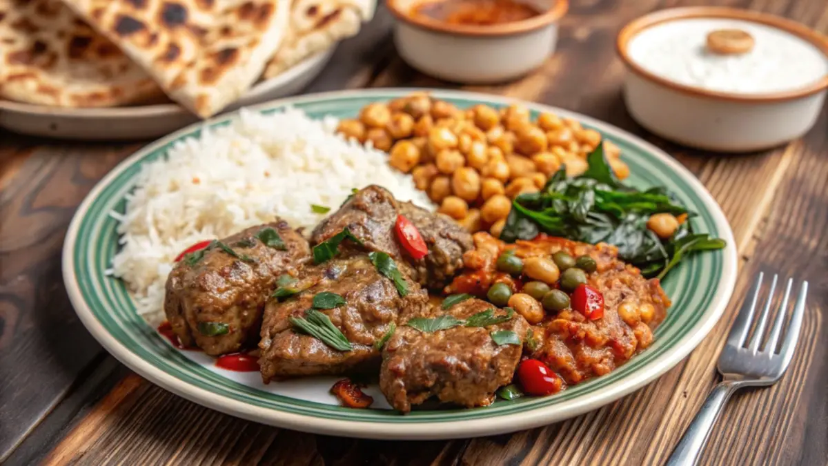 A beautifully plated Lebonese lamb, lentils, rice, and spinach dish garnished with fresh herbs and lemon, served with pita bread on a rustic wooden table