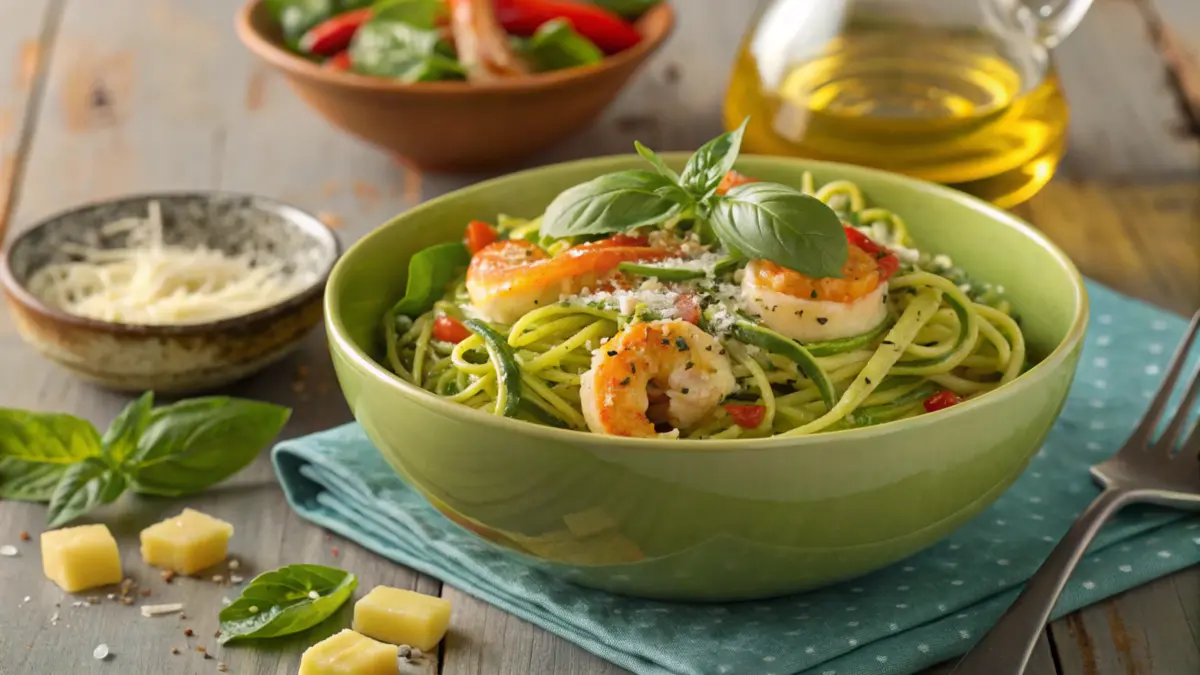 A vibrant bowl of pesto langostino zucchini pasta, garnished with fresh basil leaves, grated Parmesan cheese, and a drizzle of olive oil, placed on a rustic wooden table