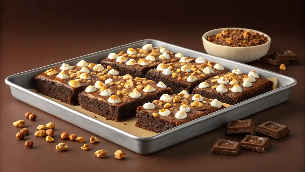 A tray of freshly baked hash brownies topped with gooey marshmallows and nuts, placed against a rich chocolatey background.