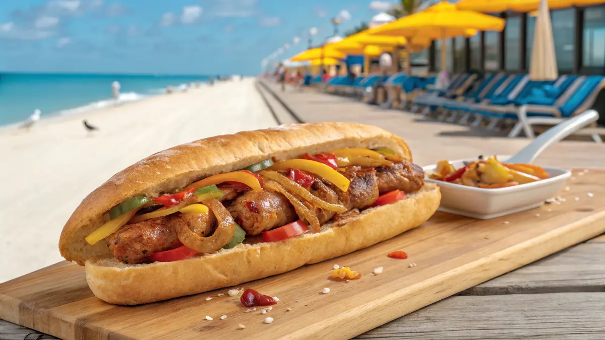 A Seaside Heights-style sausage and peppers sandwich on a rustic wooden board, filled with golden-brown sausage, caramelized onions, and colorful peppers, set against a sunny boardwalk with an ocean view in the background.