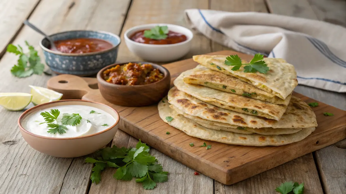 A stack of golden-brown potato-stuffed flatbreads on a rustic wooden table, accompanied by bowls of chutney and yogurt, garnished with fresh coriander.