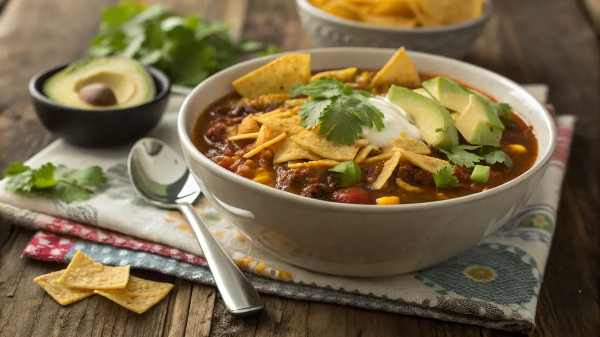 A steaming bowl of taco soup topped with crispy Fritos corn chips, melted cheese, diced avocado, and fresh cilantro, on a rustic wooden table with a spoon and napkin.