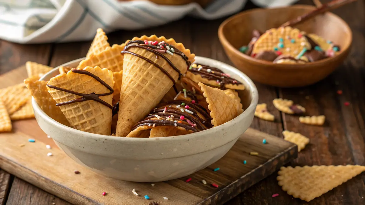 A bowl of golden-brown waffle cone chips garnished with chocolate drizzles and colorful sprinkles, set on a rustic wooden table.